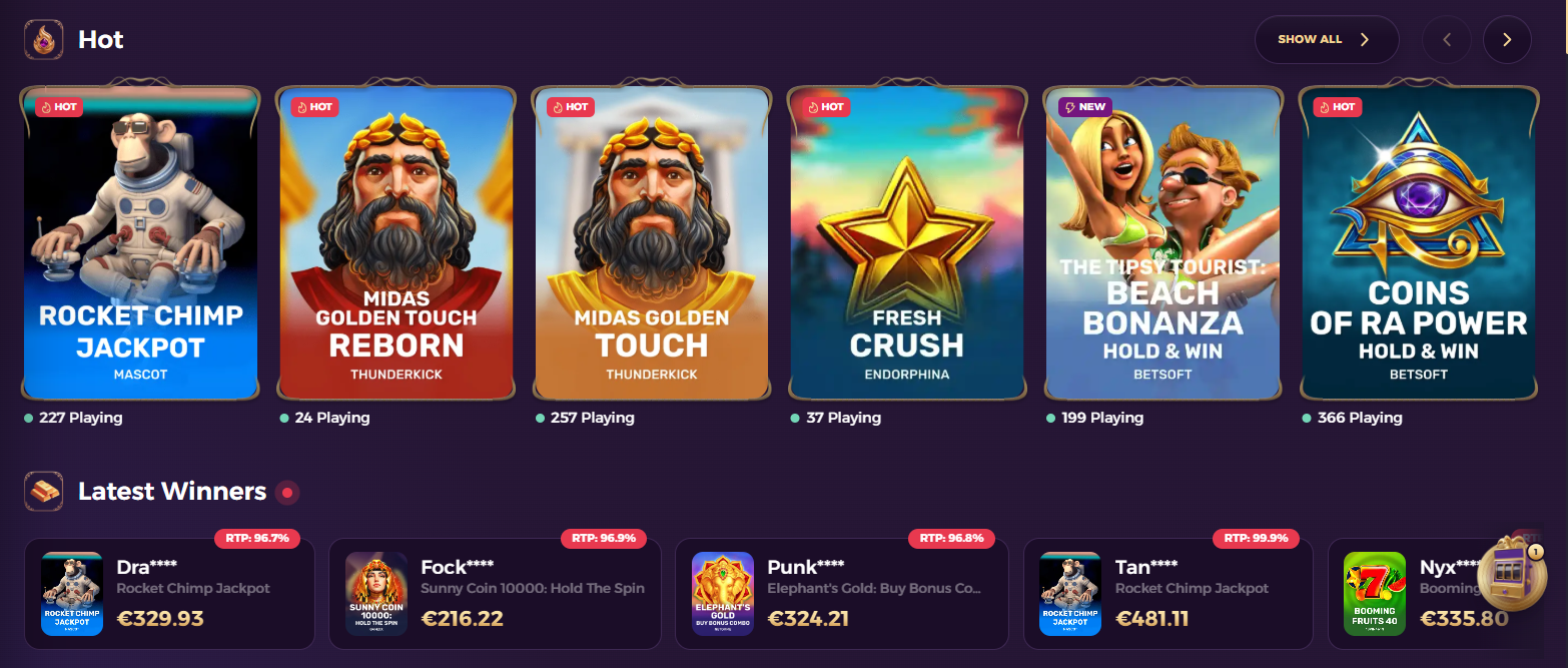 Spinchester Casino UK hot games banner